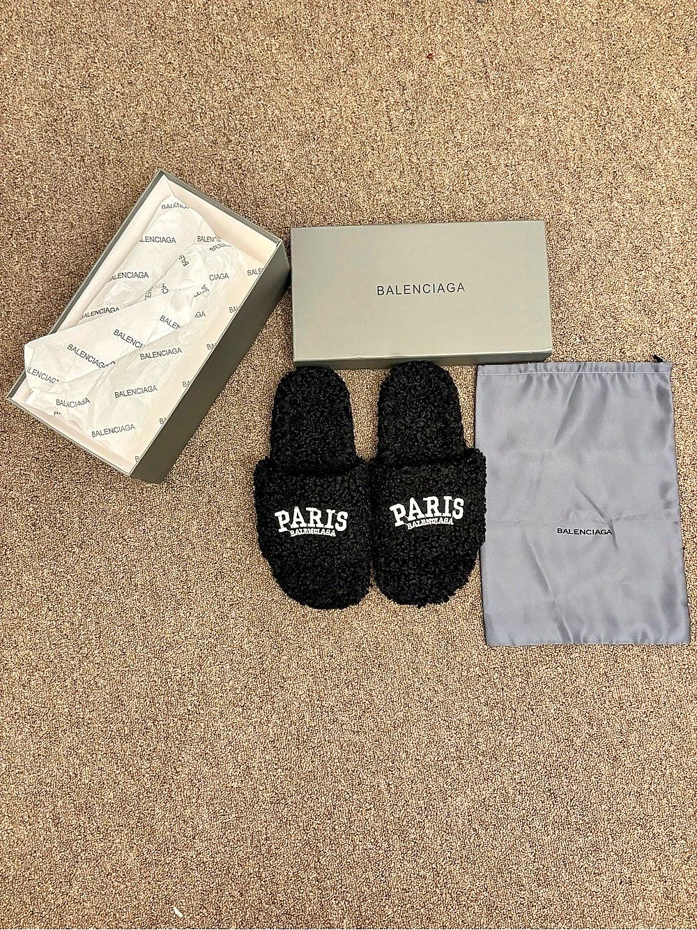 Balenciaga Paris Shearling Slippers Black EU 40